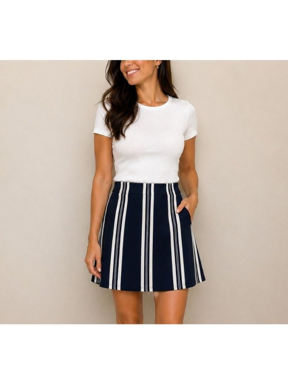 NWT Ann Taylor Factory Navy White Striped Knit A-Line Midi Skirt Size Small